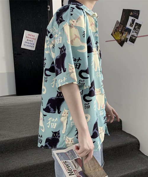 BENDER TOKYO(ベンダートウキョウ)の「【BENDER TOKYO】猫 ネコ 総柄プリント ドレープ レギュラーカラーシャツ 半袖(シャツ/ブラウス・メンズ・エメラルドブルー/ブラック・M/L/XL)」の19枚目の写真