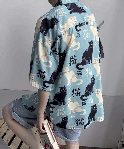 BENDER TOKYO(ベンダートウキョウ)の「【BENDER TOKYO】猫 ネコ 総柄プリント ドレープ レギュラーカラーシャツ 半袖(シャツ/ブラウス・メンズ・エメラルドブルー/ブラック・M/L/XL)」の20枚目の写真