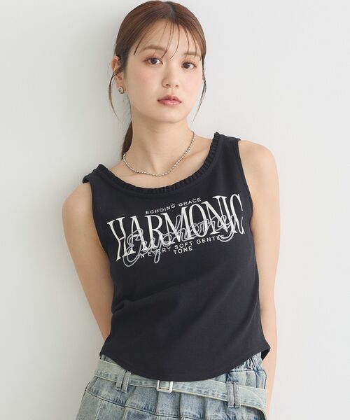 earth music&ecology（アースミュージックアンドエコロジー）の「フリルロゴノースリーブプルオーバー（タンクトップ・レディース・オフホワイト/ブラック・FREE）」の2枚目の写真