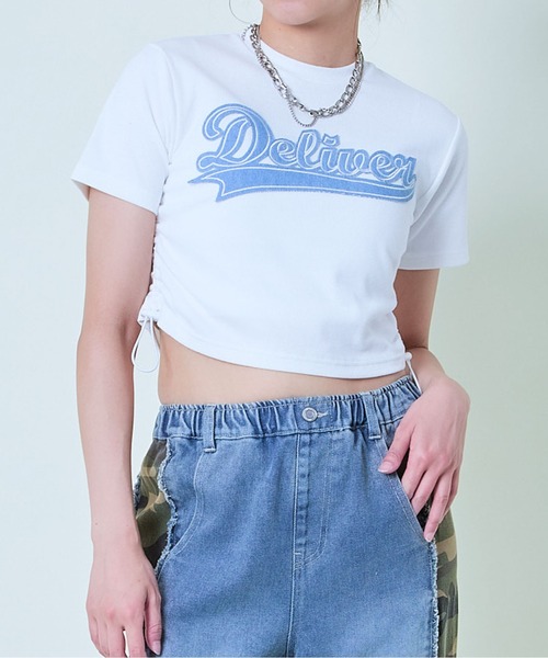 GORGE(ゴージ)の「《ドロスト×ロゴ刺繍》クロップドトップス/スポ映えデザイン(Tシャツ/カットソー・レディース・スミクロ/レッド/オフホワイト・F)」の1枚目の写真