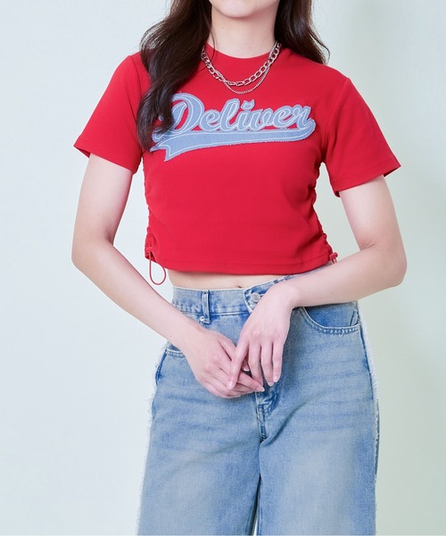 GORGE(ゴージ)の「《ドロスト×ロゴ刺繍》クロップドトップス/スポ映えデザイン(Tシャツ/カットソー・レディース・スミクロ/レッド/オフホワイト・F)」の9枚目の写真