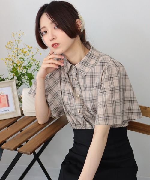 HaaT◆半袖ブラウス/2/コットン/BRW/チェック セール】フレア袖 チェック柄 ショート丈 半袖ブラウストップス