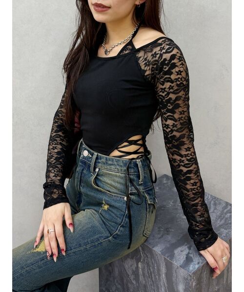 EVRIS（エヴリス）の「サイドレースアップボディースーツ（Tシャツ/カットソー・レディース・ホワイト/ブラウン/ブラック・FREE）」の3枚目の写真