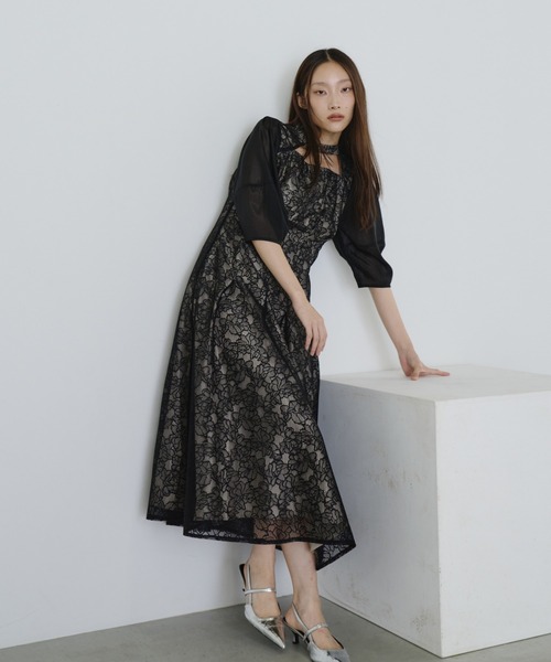 セール】デコルテカットアウトレースドレス / decollete cut out lace