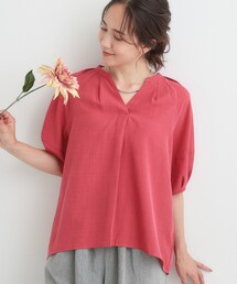 【S-LL/洗濯後しわになりにくい】ランタンスリーブで女性らしく 5分袖スキッパーブラウス