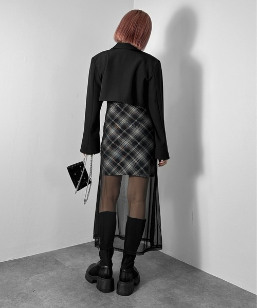 jiasecond.(ジアセカンド)の「【jiasecond.】チェック柄シアーレイヤードキャミワンピース / キャミワンピ フレア チュール シースルー ロング Aライン ブラック ZOZOTOWN限定(ワンピース・レディース・ブラック・FREE)」の5枚目の写真