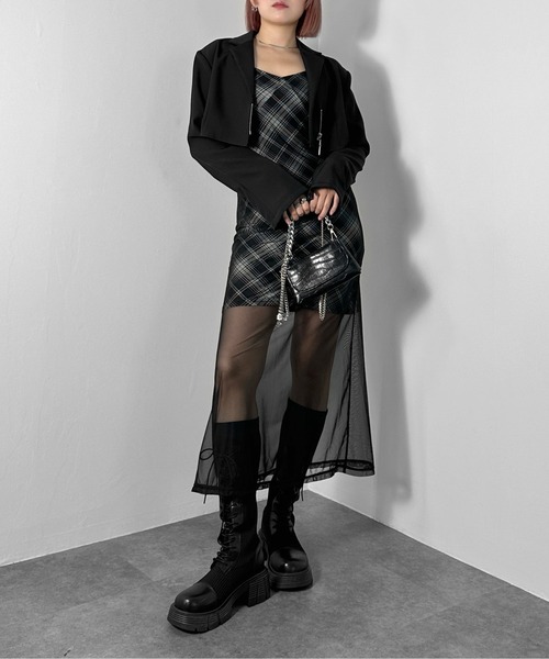 jiasecond.(ジアセカンド)の「【jiasecond.】チェック柄シアーレイヤードキャミワンピース / キャミワンピ フレア チュール シースルー ロング Aライン ブラック ZOZOTOWN限定(ワンピース・レディース・ブラック・FREE)」の7枚目の写真