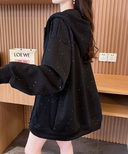 セール】ラメグリッターオーバーサイズジップフーディー/キラキラ