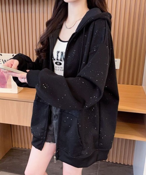 セール】ラメグリッターオーバーサイズジップフーディー/キラキラ