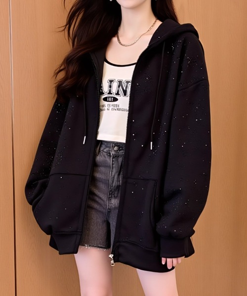 セール】ラメグリッターオーバーサイズジップフーディー/キラキラ
