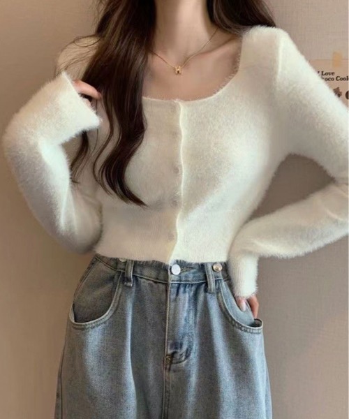 kirakiraShop(キラキラショップ)の「ショート丈 シャギー ニット カーディガン(ニット/セーター・レディース・ブラック/ホワイト/ベージュ・FREE)」の2枚目の写真