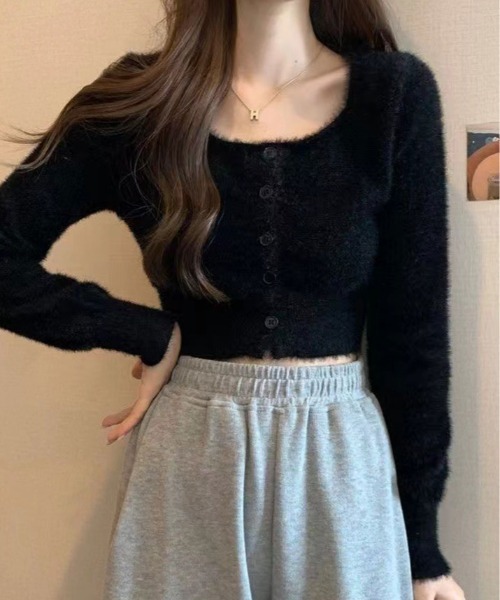 kirakiraShop(キラキラショップ)の「ショート丈 シャギー ニット カーディガン(ニット/セーター・レディース・ブラック/ホワイト/ベージュ・FREE)」の1枚目の写真