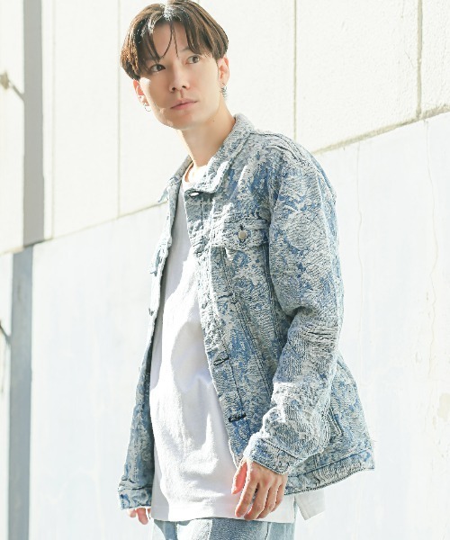 LUXSTYLE（ラグスタイル）の「ダメージ加工花柄デニムジャケット（デニムジャケット・メンズ・ブルー・L/M）」の3枚目の写真