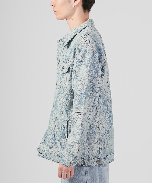 LUXSTYLE（ラグスタイル）の「ダメージ加工花柄デニムジャケット（デニムジャケット・メンズ・ブルー・L/M）」の7枚目の写真