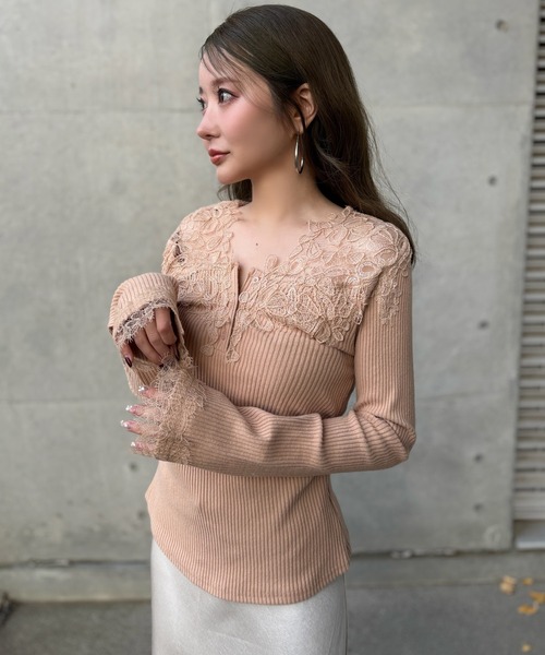 henry neck lace rib tops /ヘンリーネックレースリブトップス（T