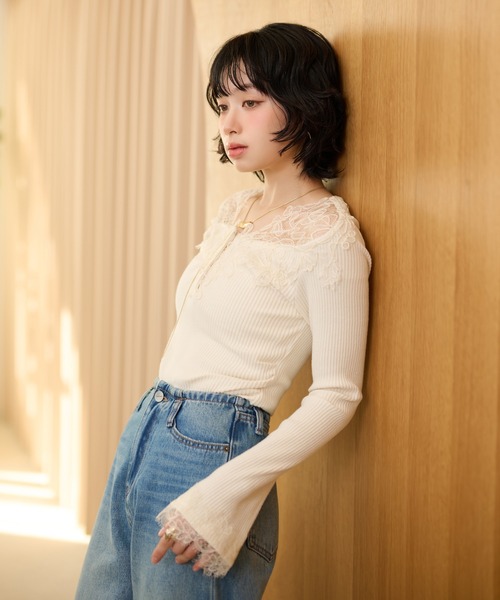 henry neck lace rib tops /ヘンリーネックレースリブトップス（T