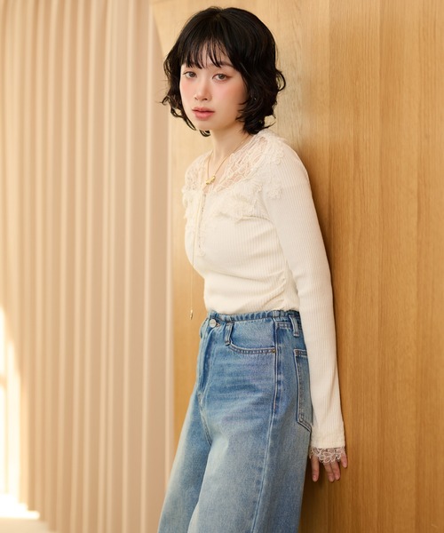 henry neck lace rib tops /ヘンリーネックレースリブトップス（T