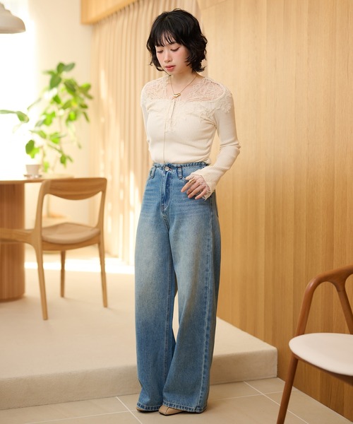 henry neck lace rib tops /ヘンリーネックレースリブトップス（T