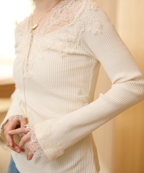 henry neck lace rib tops /ヘンリーネックレースリブトップス（T