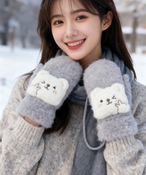 手袋 レディース ミトン くま付き フェイクファー 裏起毛（手袋）｜On