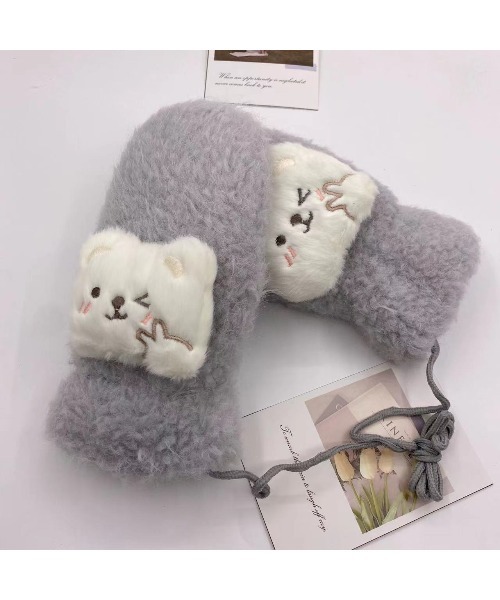 手袋 レディース ミトン くま付き フェイクファー 裏起毛（手袋）｜On