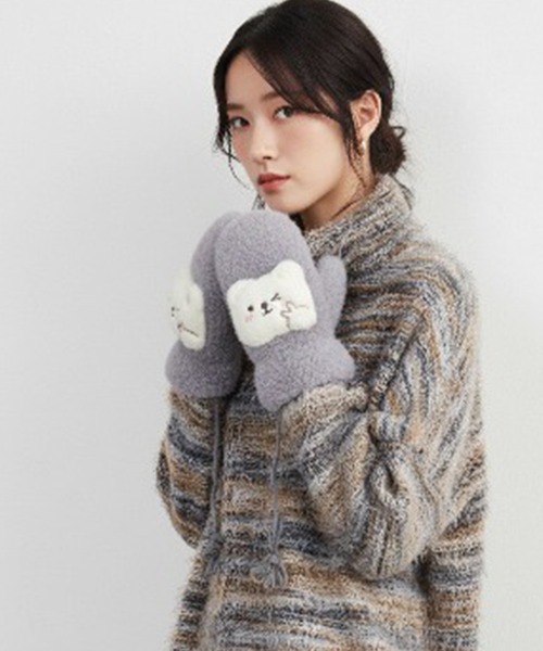 手袋 レディース ミトン くま付き フェイクファー 裏起毛（手袋）｜On