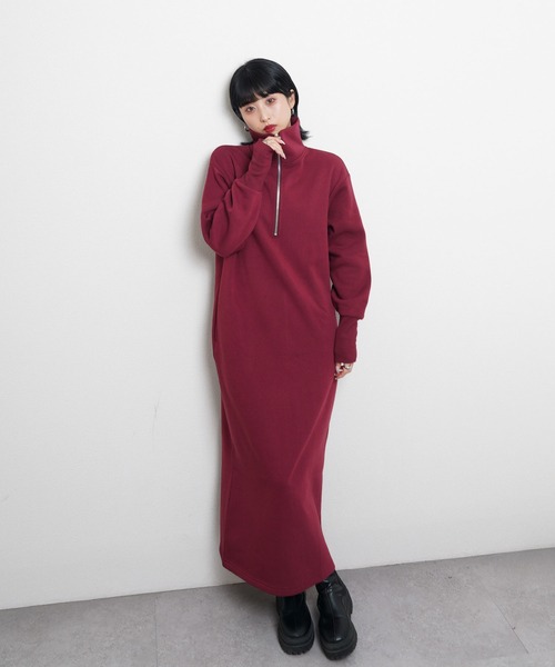 Chillfar（チルファー）の「ハーフジップスウェットワンピース（ワンピース・レディース・ブラック/ブラウン系/グレー/ネイビー系/バーガンディー/オートミール・MEDIUM/LARGE）」の6枚目の写真