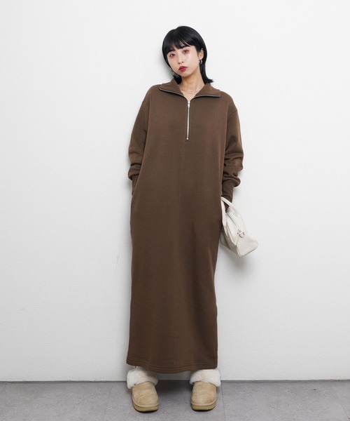 Chillfar（チルファー）の「ハーフジップスウェットワンピース（ワンピース・レディース・ブラック/ブラウン系/グレー/ネイビー系/バーガンディー/オートミール・MEDIUM/LARGE）」の7枚目の写真