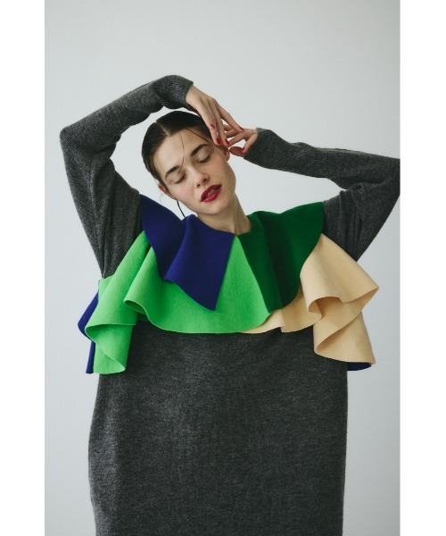 ヘリンドットサイ ラッフル ニット ドレス　フリル　バイカラー　ワンピース Ruffle knit dress ラッフルニットドレス（ワンピース）｜HeRIN.CYE