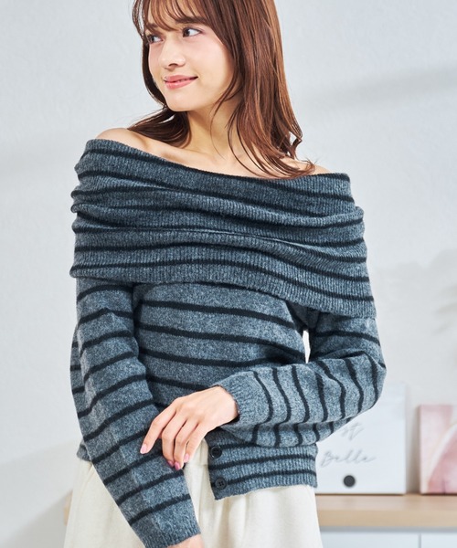 MISCH MASCH(ミッシュマッシュ)の「ZOZO限定 ボーダー配色オフショルニット(ニット/セーター・レディース・グレー/ブラウン・フリ-)」の3枚目の写真