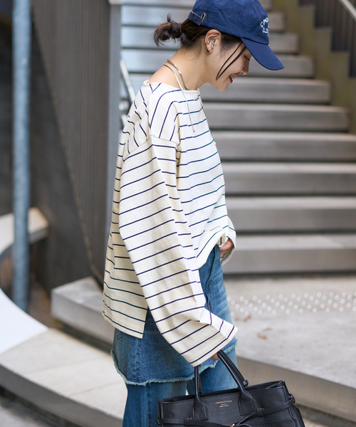 JOURNAL STANDARD（ジャーナルスタンダード）の「カラーボーダーリラックスCS（Tシャツ/カットソー・レディース・ネイビー/サックスブルー/ピンク/ボルドー・FREE）」の2枚目の写真