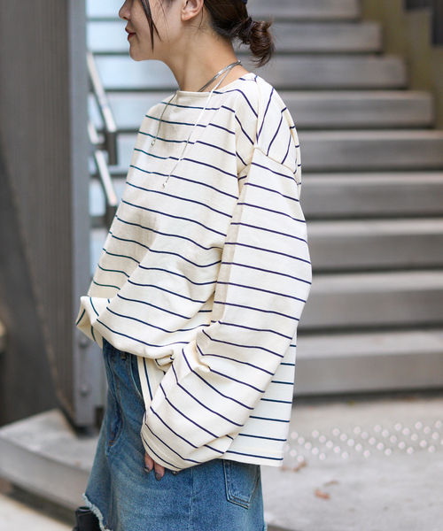 JOURNAL STANDARD（ジャーナルスタンダード）の「カラーボーダーリラックスCS（Tシャツ/カットソー・レディース・ネイビー/サックスブルー/ピンク/ボルドー・FREE）」の6枚目の写真