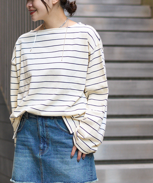 JOURNAL STANDARD（ジャーナルスタンダード）の「カラーボーダーリラックスCS（Tシャツ/カットソー・レディース・ネイビー/サックスブルー/ピンク/ボルドー・FREE）」の7枚目の写真