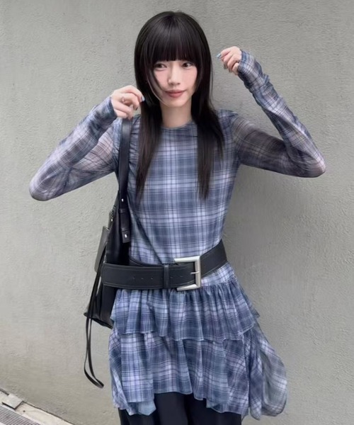 AsheKsha（アシクシャ）の「タイトル：不規則チェック柄メッシュトップス（シャツ/ブラウス・レディース・パープル・M）」の4枚目の写真