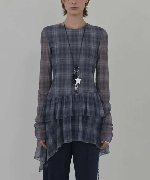 AsheKsha（アシクシャ）の「タイトル：不規則チェック柄メッシュトップス（シャツ/ブラウス・レディース・パープル・M）」の8枚目の写真