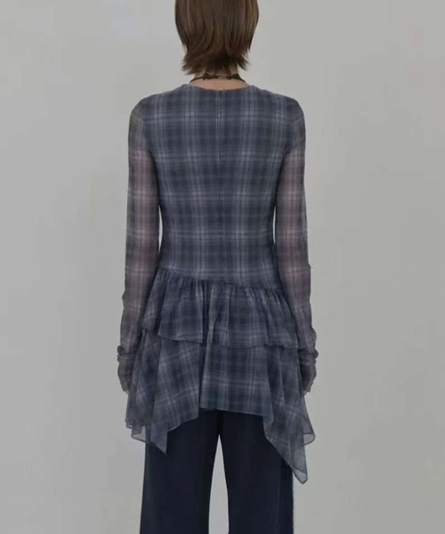 AsheKsha（アシクシャ）の「タイトル：不規則チェック柄メッシュトップス（シャツ/ブラウス・レディース・パープル・M）」の9枚目の写真