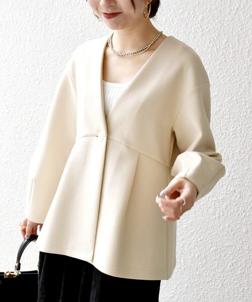 SHIPS any:〈手洗い可能〉ダンボール ペプラム Vネック ジャケット