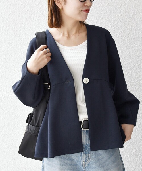 SHIPS any:〈手洗い可能〉ダンボール ペプラム Vネック ジャケット