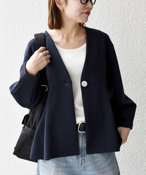 SHIPS any:〈手洗い可能〉ダンボール ペプラム Vネック ジャケット