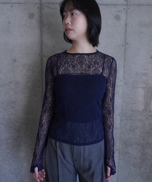 G.V.G.V.（ジーヴィージーヴィー）の「STRETCH LACE L/S TOP（Tシャツ/カットソー・レディース・ネイビー/ピンク/ブラック・ONE SIZE）」の2枚目の写真