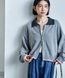 ポロ襟 配色 ジップカーディガン/バイオウォッシュ加工ニット/ダブルジップポロニットカーディガン