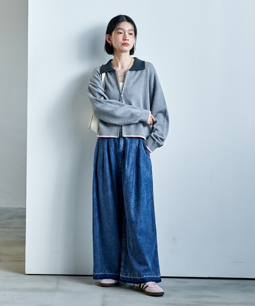 FREAK'S STORE(フリークスストア)の「ポロ襟 配色 ジップカーディガン/バイオウォッシュ加工ニット/ダブルジップポロニットカーディガン(カーディガン/ボレロ・レディース・オフホワイト/グレー/ブラウン・フリ-)」の4枚目の写真
