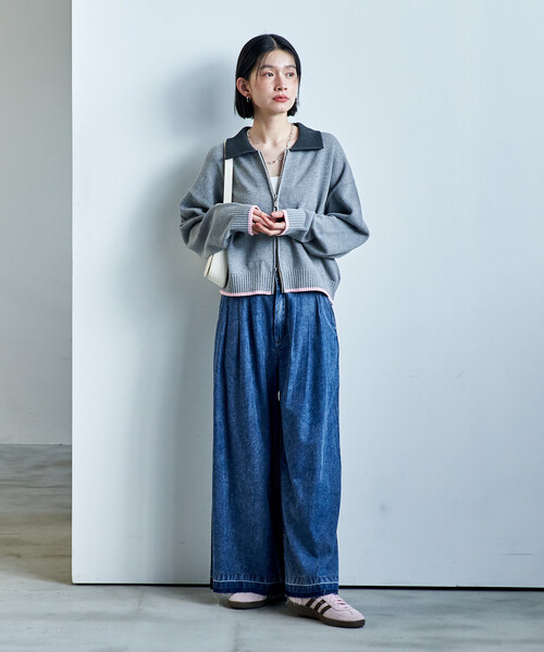 FREAK'S STORE(フリークスストア)の「ポロ襟 配色 ジップカーディガン/バイオウォッシュ加工ニット/ダブルジップポロニットカーディガン(カーディガン/ボレロ・レディース・オフホワイト/グレー/ブラウン・フリ-)」の5枚目の写真