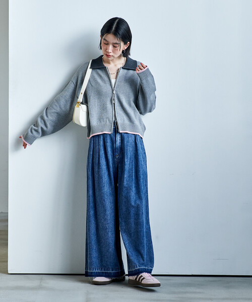 FREAK'S STORE(フリークスストア)の「ポロ襟 配色 ジップカーディガン/バイオウォッシュ加工ニット/ダブルジップポロニットカーディガン(カーディガン/ボレロ・レディース・オフホワイト/グレー/ブラウン・フリ-)」の7枚目の写真