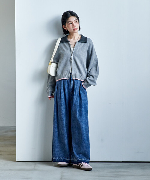 FREAK'S STORE(フリークスストア)の「ポロ襟 配色 ジップカーディガン/バイオウォッシュ加工ニット/ダブルジップポロニットカーディガン(カーディガン/ボレロ・レディース・オフホワイト/グレー/ブラウン・フリ-)」の8枚目の写真