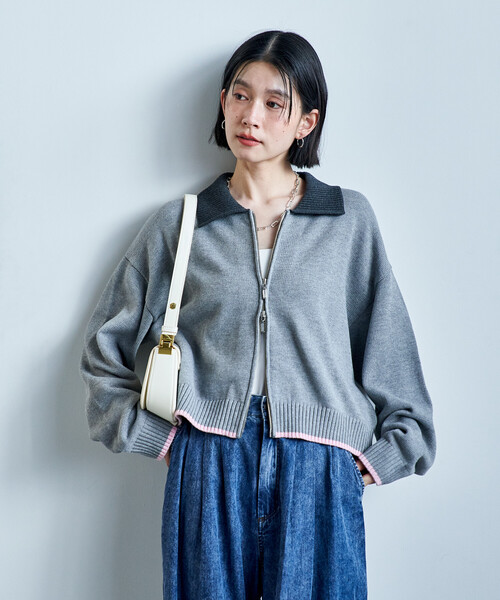 FREAK'S STORE(フリークスストア)の「ポロ襟 配色 ジップカーディガン/バイオウォッシュ加工ニット/ダブルジップポロニットカーディガン(カーディガン/ボレロ・レディース・オフホワイト/グレー/ブラウン・フリ-)」の9枚目の写真