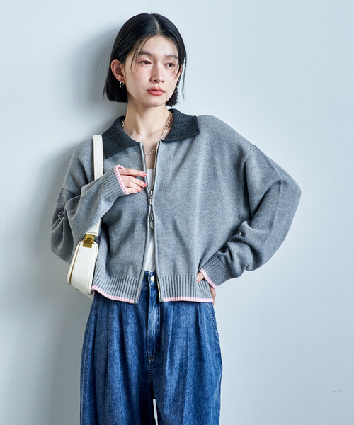 FREAK'S STORE(フリークスストア)の「ポロ襟 配色 ジップカーディガン/バイオウォッシュ加工ニット/ダブルジップポロニットカーディガン(カーディガン/ボレロ・レディース・オフホワイト/グレー/ブラウン・フリ-)」の11枚目の写真