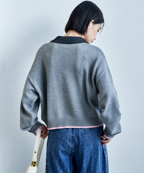 FREAK'S STORE(フリークスストア)の「ポロ襟 配色 ジップカーディガン/バイオウォッシュ加工ニット/ダブルジップポロニットカーディガン(カーディガン/ボレロ・レディース・オフホワイト/グレー/ブラウン・フリ-)」の12枚目の写真