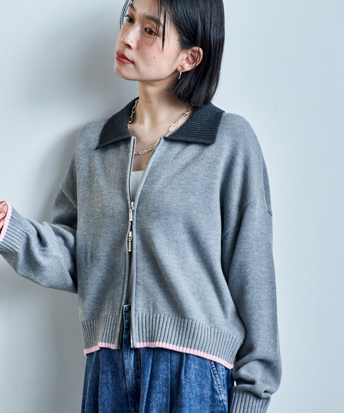 FREAK'S STORE(フリークスストア)の「ポロ襟 配色 ジップカーディガン/バイオウォッシュ加工ニット/ダブルジップポロニットカーディガン(カーディガン/ボレロ・レディース・オフホワイト/グレー/ブラウン・フリ-)」の13枚目の写真