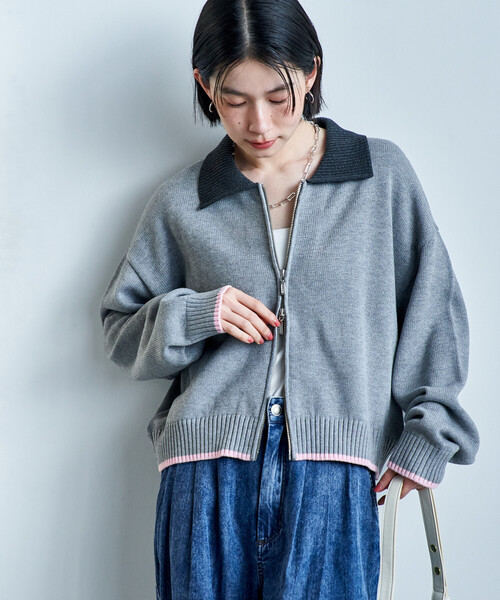 FREAK'S STORE(フリークスストア)の「ポロ襟 配色 ジップカーディガン/バイオウォッシュ加工ニット/ダブルジップポロニットカーディガン(カーディガン/ボレロ・レディース・オフホワイト/グレー/ブラウン・フリ-)」の14枚目の写真